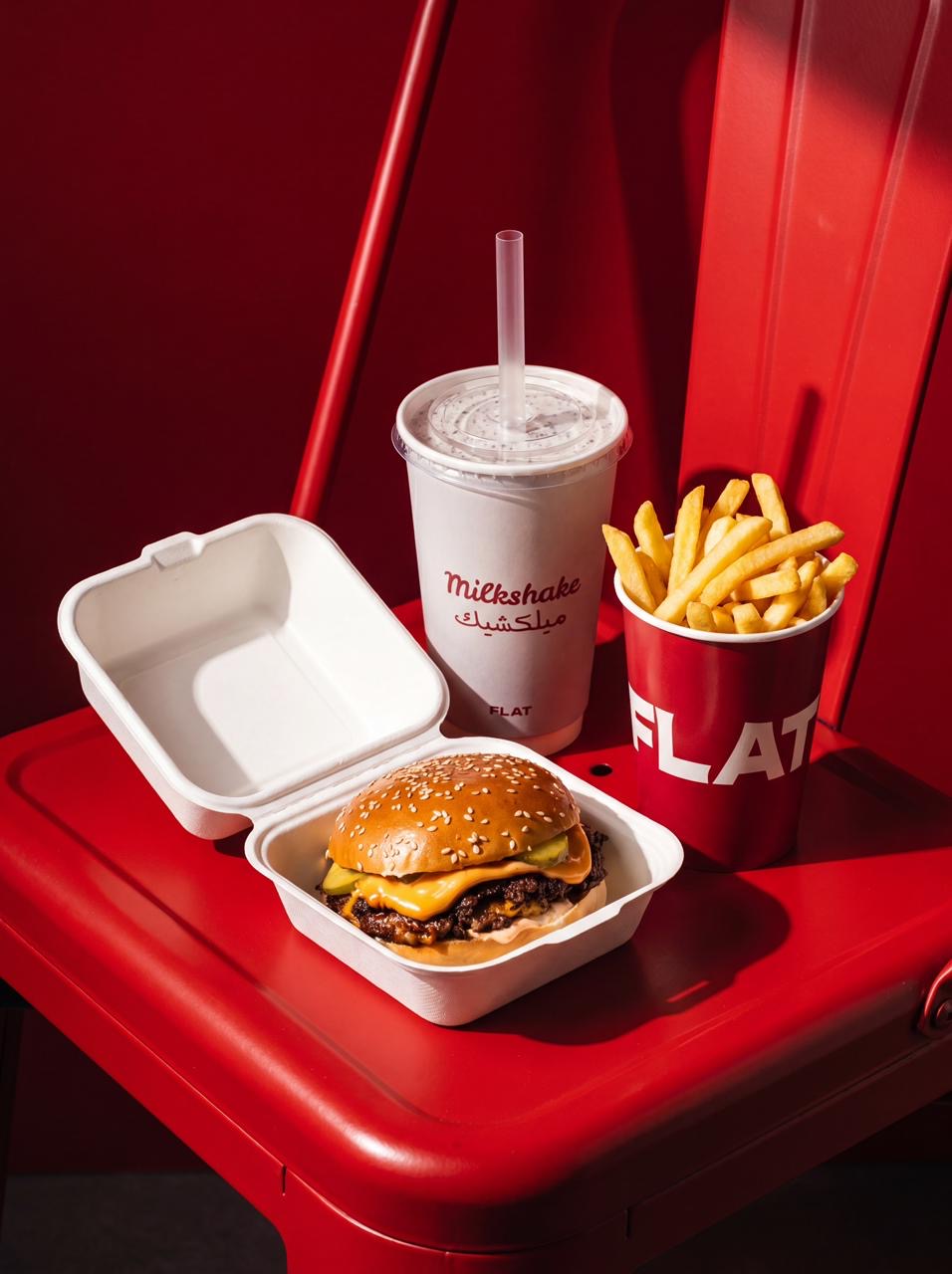 Flat milkshake with burger and fries